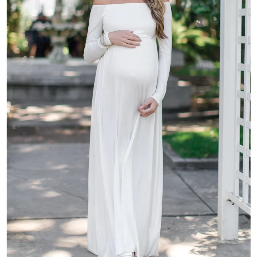 PinkBlush Ivory Solid Off Shoulder Maternity Maxi Dress - Picture 2 of 4